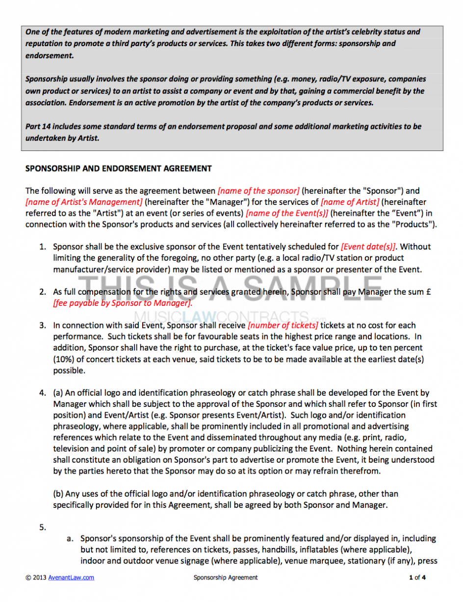 Sponsorship Contract within Product Sponsorship Agreement Template