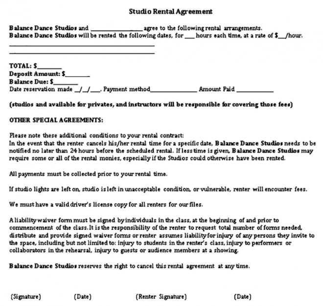 Studio Rental Agreement Template Sample | throughout Dance Studio Rental Agreement Template