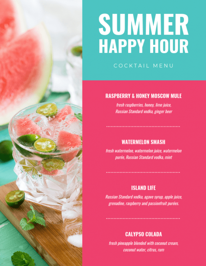 Summer Cocktail Menu Template regarding Happy Hour Menu Template