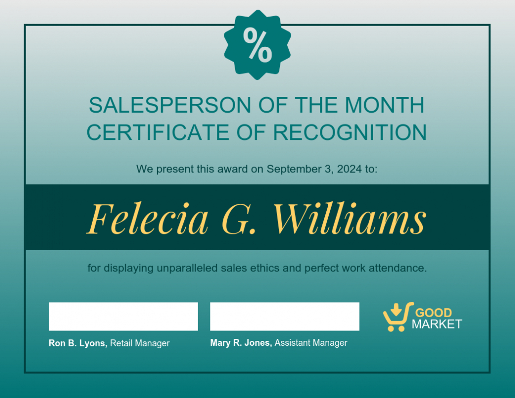 Teal Sales Employee Recognition Certificate Template intended for Sales Certificate Template