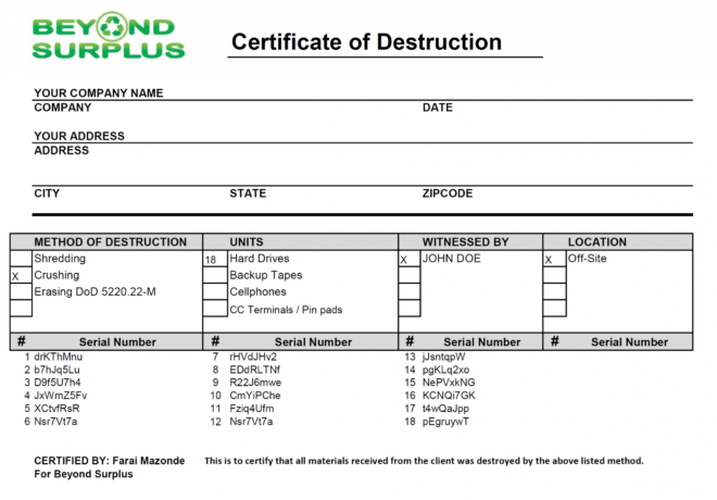 Template: Certificate Of Data Destruction Template within Hard Drive Destruction Certificate Template