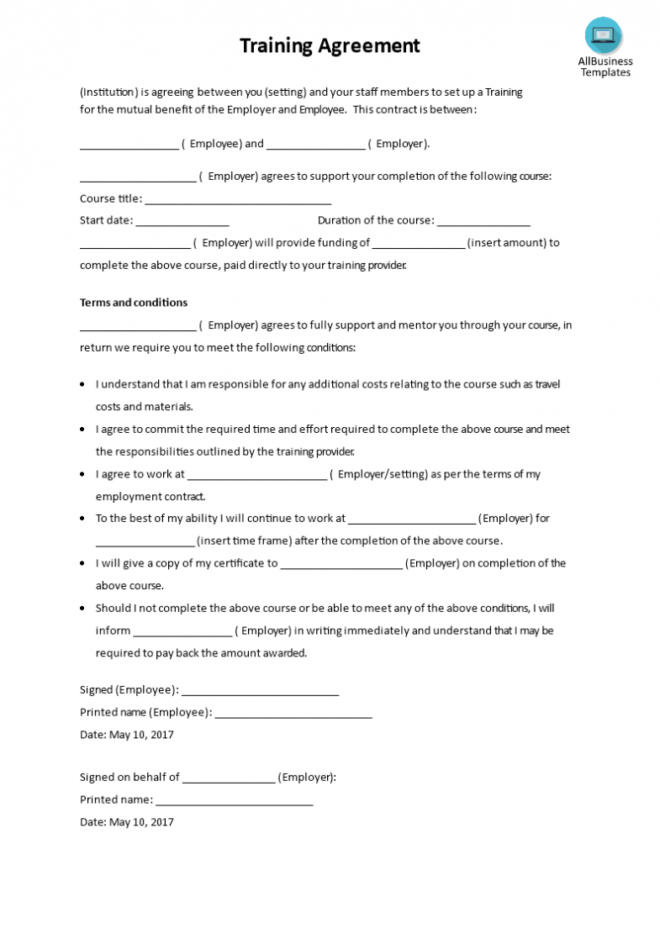 Training Agreement Template | Templates At with regard to Training Agreement Between Employer And Employee Template