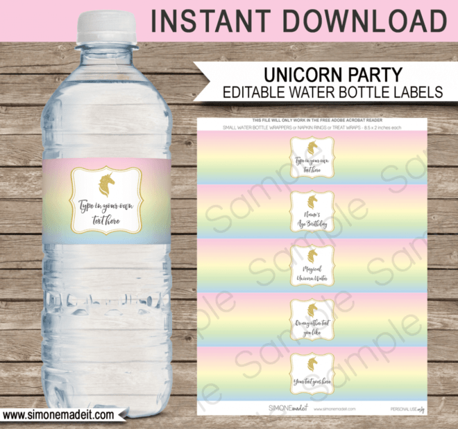 Unicorn Water Bottle Labels Template inside Birthday Water Bottle Labels Template Free