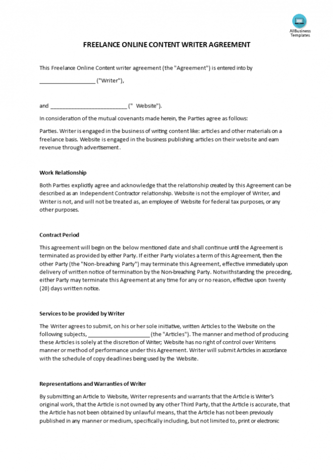 Writers Agreement Template | Writer Contract Template - Bonsai for Freelance Writer Agreement Template