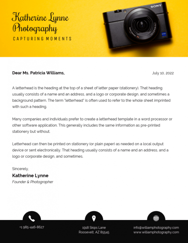 Yellow Photography Letterhead Template regarding Photography Letterhead Templates